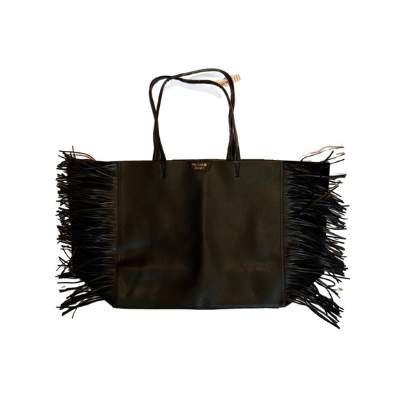 NWT Black Boho Fringe Faux Leather Tote Bag - Picture 1 of 4